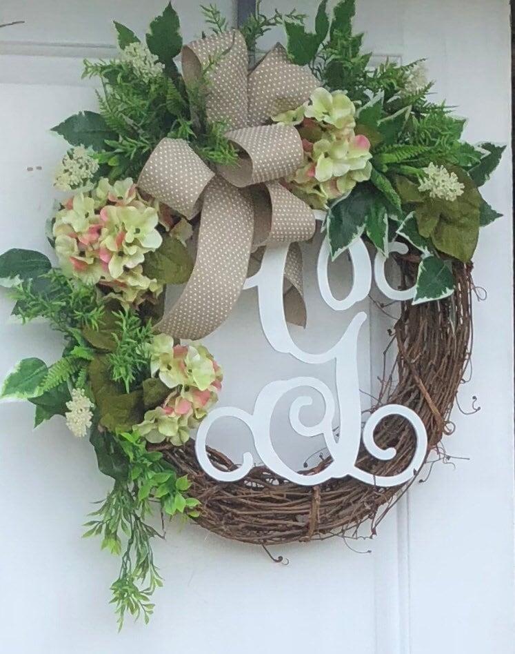 Everyday Wreath, Hydrangea Wreath, Front Door Wreath, Monogram Wreath