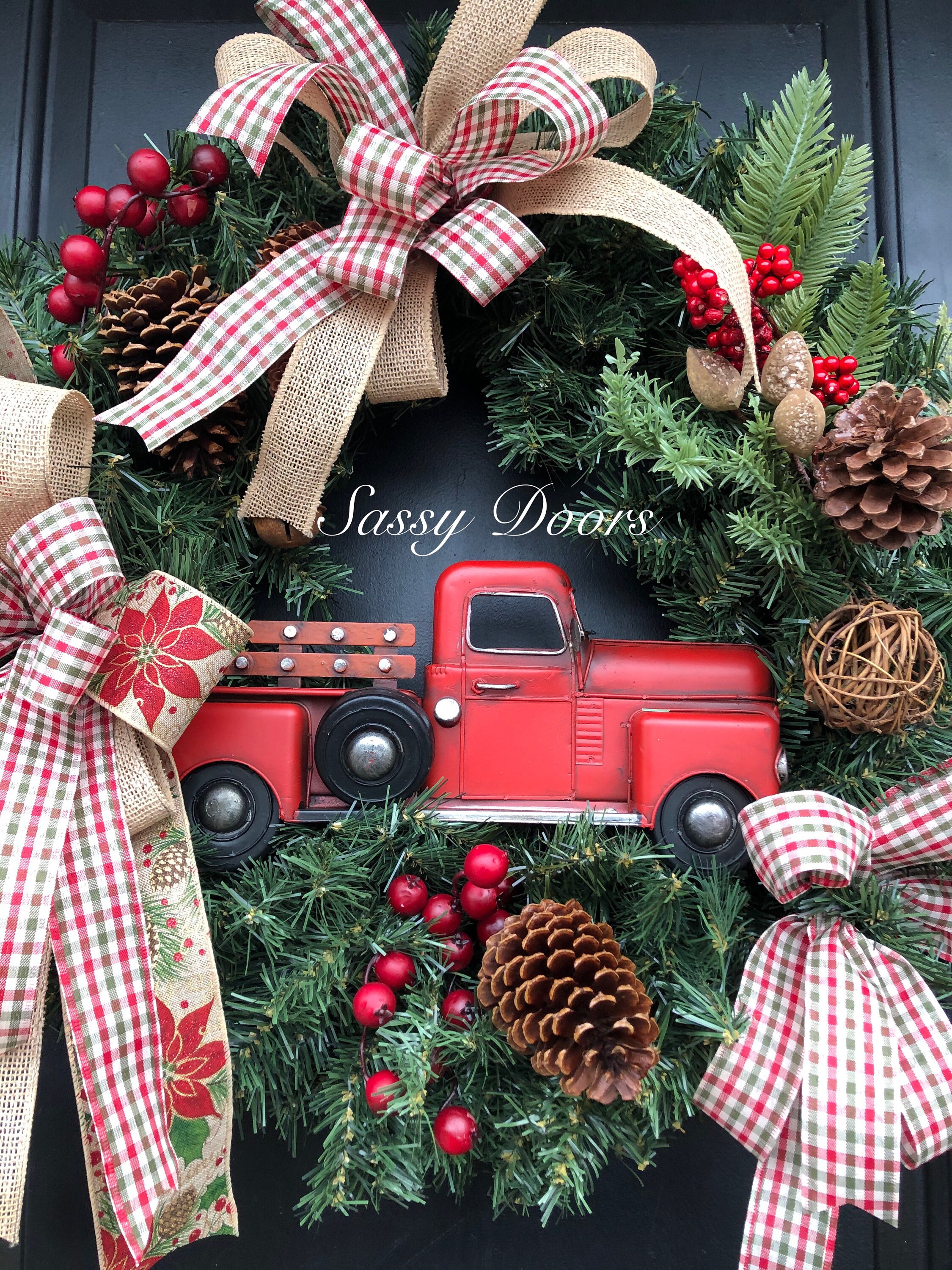 Red Truck Wreath, Rustic Christmas Wreath, Buffalo Plaid, Wreath