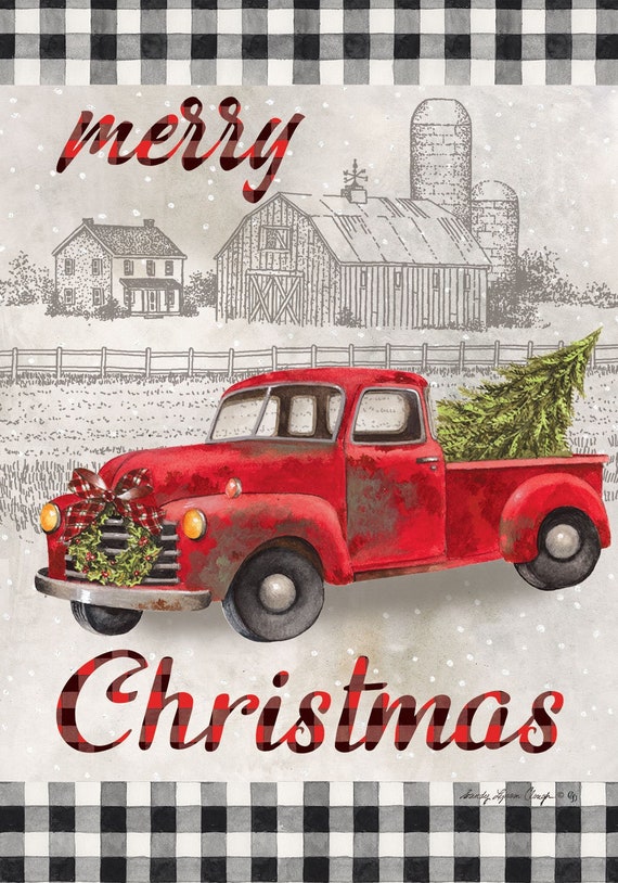 Red Truck Farmhouse Christmas Garden Flag- Christmas Flag- Red Truck Flag- Farmhouse Garden Flag- Christmas