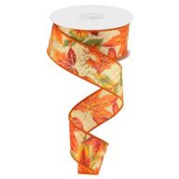 Fall Ribbon,  Maple Leaves Designed  Ribbon,   Glitter On Satin Ribbon - 1.5