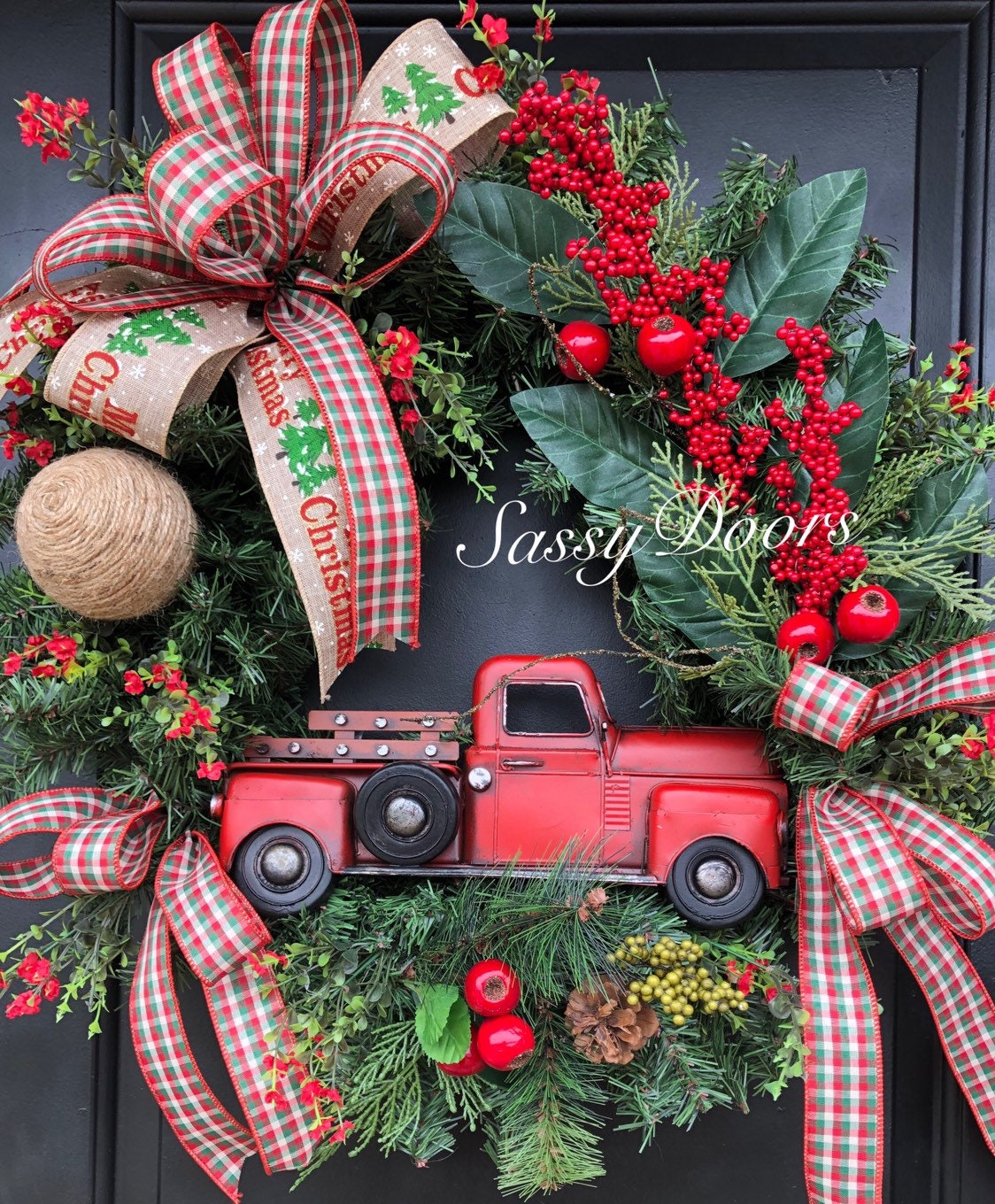 Red Truck Wreath, Buffalo Plaid Wreath, Christmas Wreath, Rustic