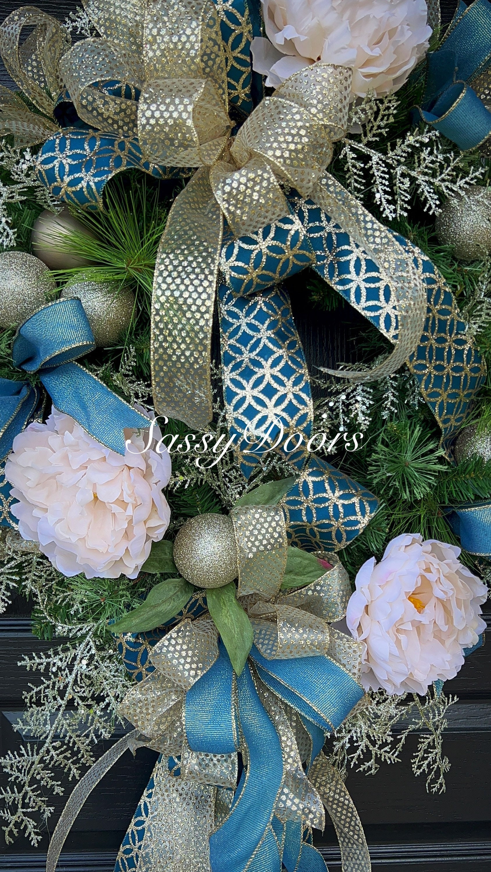 Christmas Wreath, Teal and Gold Wreath, Peony Teal Christmas Wreath