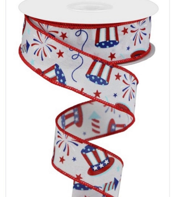 Patriotic Ribbon, 1 1/2"  Wired, 10 Yard Cut Ribbon, Satin Patriotic Ribbon , Red White and Blue Ribbon,