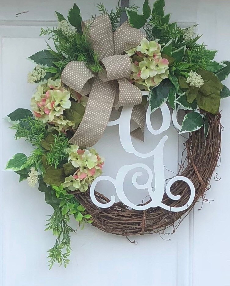 Everyday Wreath, Hydrangea Wreath, Front Door Wreath, Monogram Wreath ...