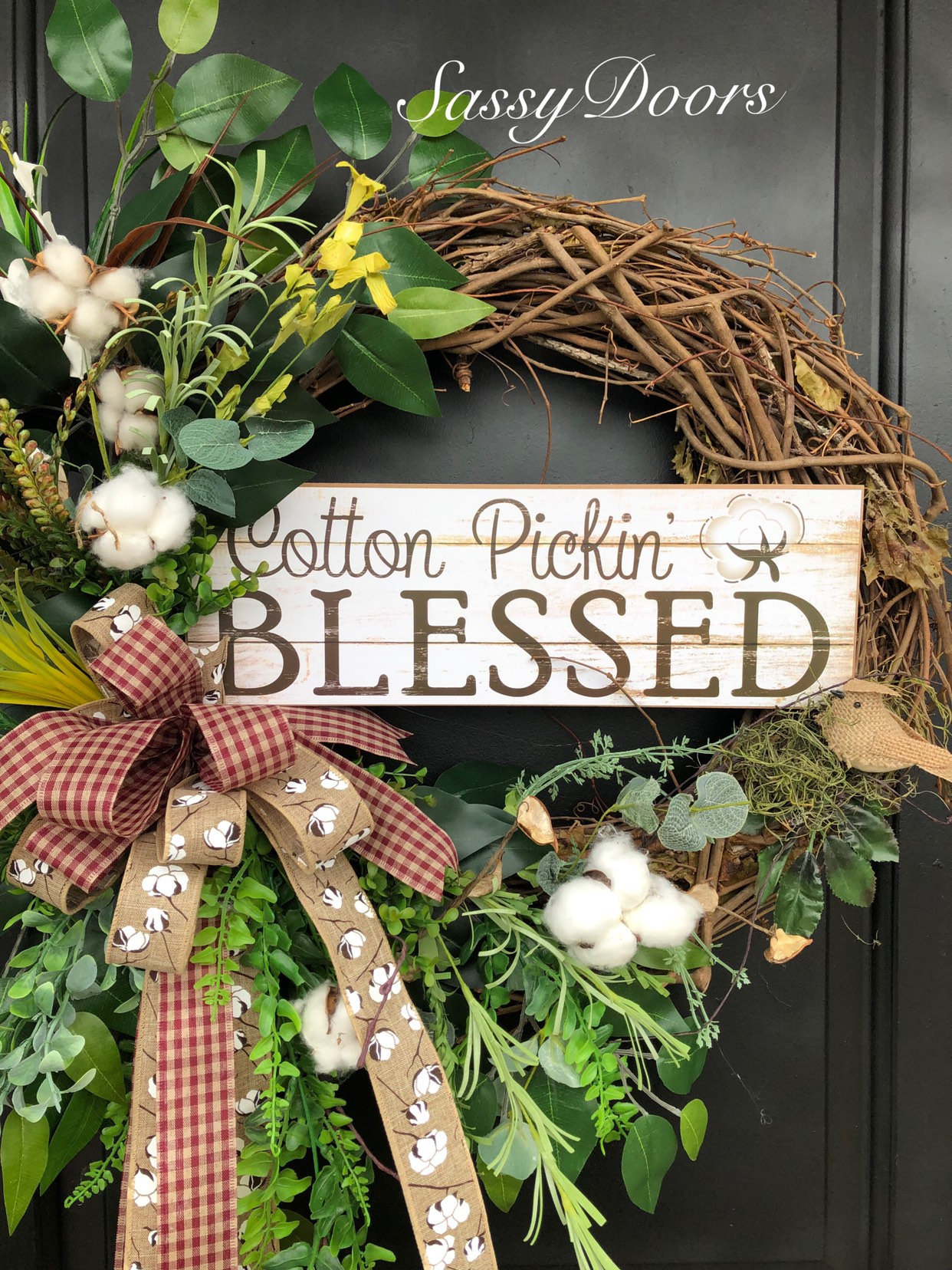 Everyday Wreath, Cotton Wreath, Wreath With Cotton, Grapevine Farmhouse