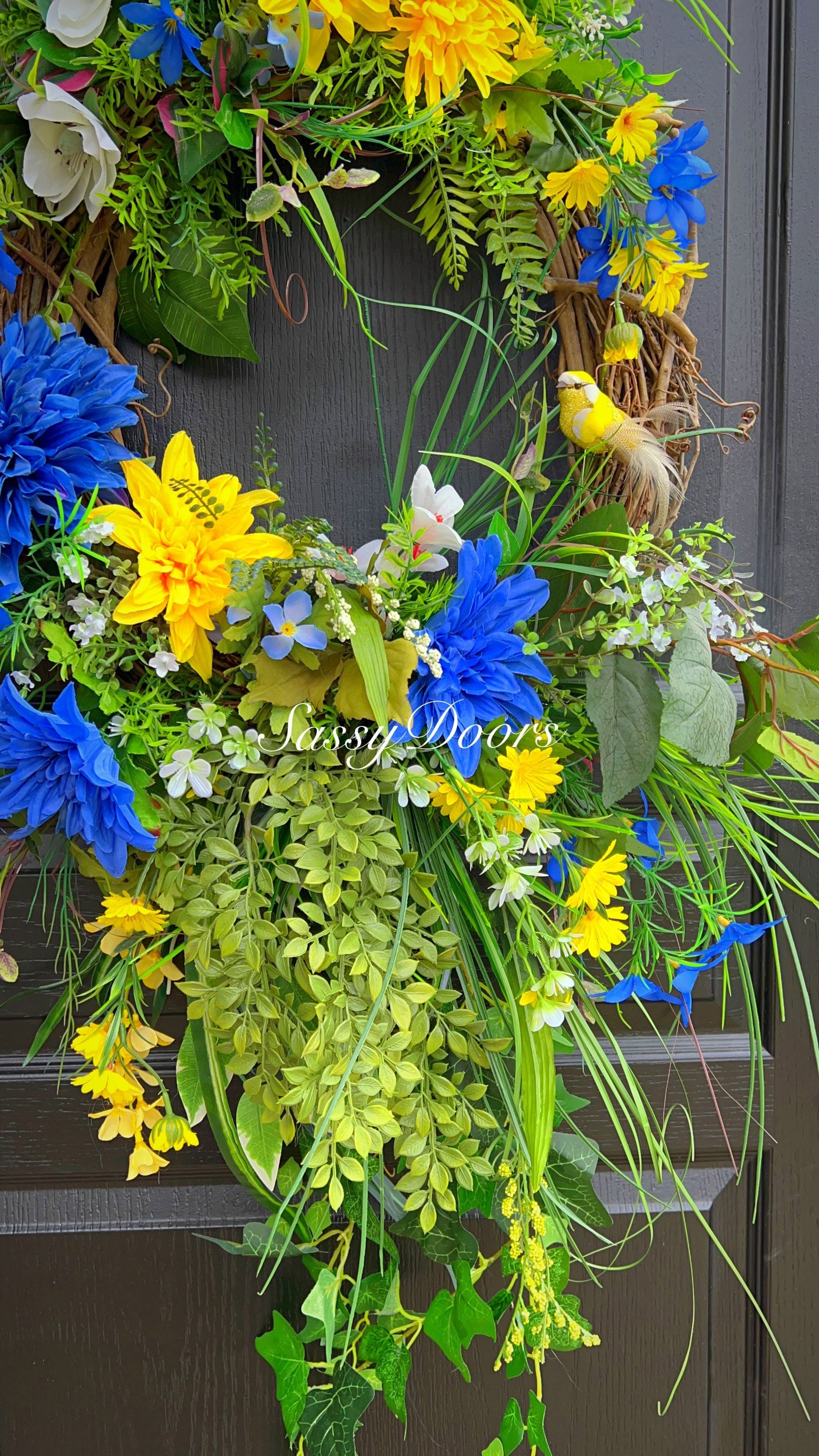 Spring and Summer Wreath, Summer Door Wreath, Blue Wreath, Sassy Doors Wreath, Sunflower Wreath