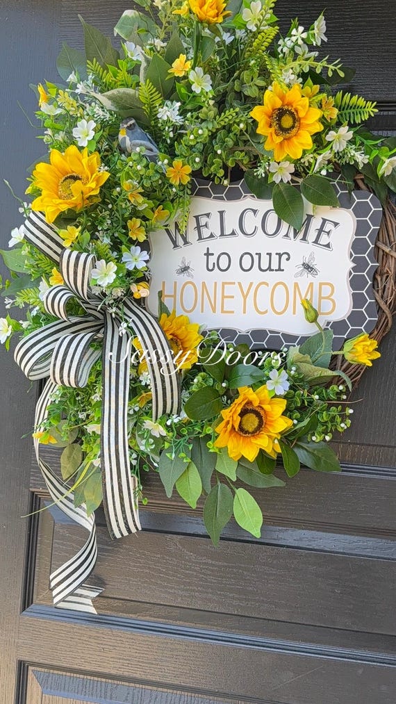 Bumblebee Wreath, Honeycomb Welcome Wreath, Wreath For Front Door, Grapevine Wreath