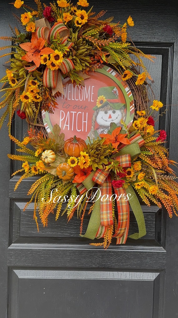 Sunflower Wreath, Autumn Wreath, Scarecrow Fall Front Door Wreath, Pumpkin Wreath, Sassy Doors Wreath,