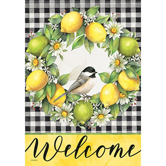 Buffalo Plaid Garden Flag- Double Sided Flag, Lemon Flag-   Flag With Lemons- Whimsical Garden Flag- Flag With Bird