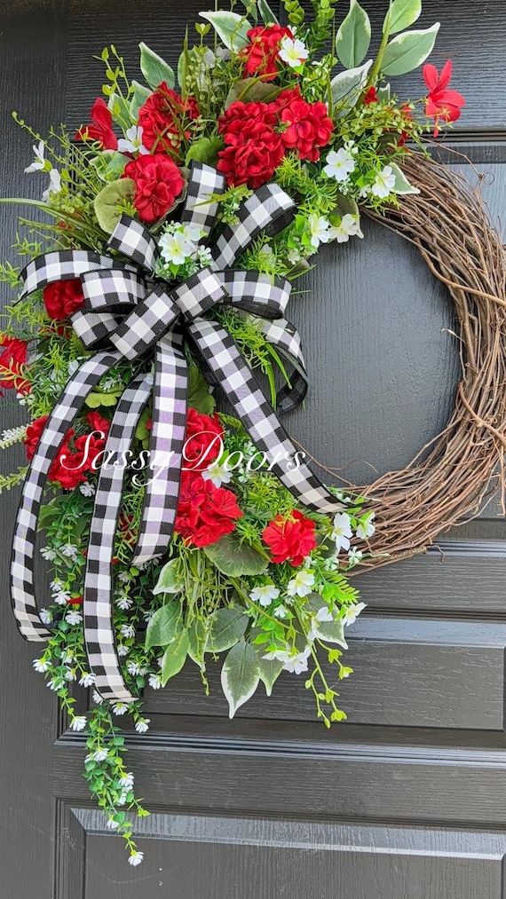 Red Geranium Summer Wreath, Wreath For Front Door, Summer Geranium Wreath, SassyDoors Wreath,