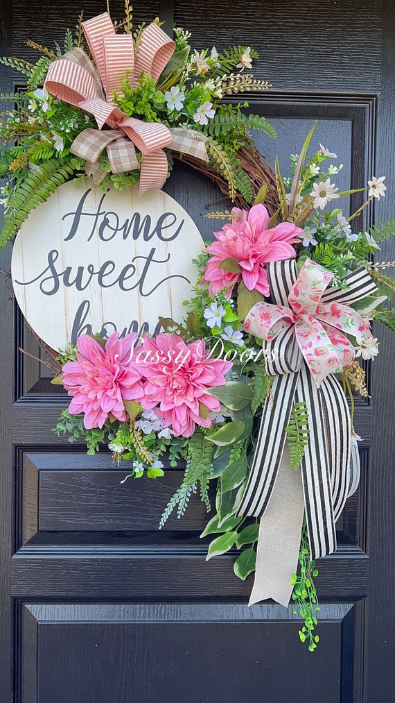 Spring And Summer Wreath , Mother’s Day Wreath,  Front Door Wreath, Pink, Home Sweet Home Wreath, Spring Wreath,Sassy Doors Wreath,