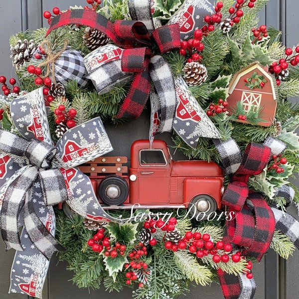 Red Truck Wreath, Farmhouse Plaid  Christmas Wreath, Christmas Wreath, Rustic Christmas Wreath, Red Truck Christmas Wreath, Farmhouse Wreath