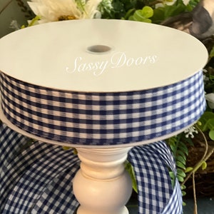 Navy Blue Ribbon, Blue Gingham Check Ribbon, Farmhouse Ribbon, Craft Ribbon, 10 Yard Wired Ribbon