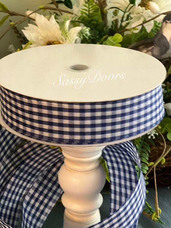 Navy Blue Ribbon, Blue Gingham Check Ribbon, Farmhouse Ribbon, Craft Ribbon, 10 Yard Wired Ribbon