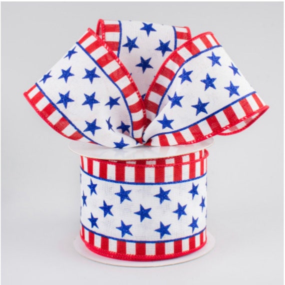 Patriotic Ribbon, 2.5 Inch Wired, 10 Yard Cut Ribbon, Stars and Stripes Satin Patriotic Ribbon , Red White and Blue Ribbon,