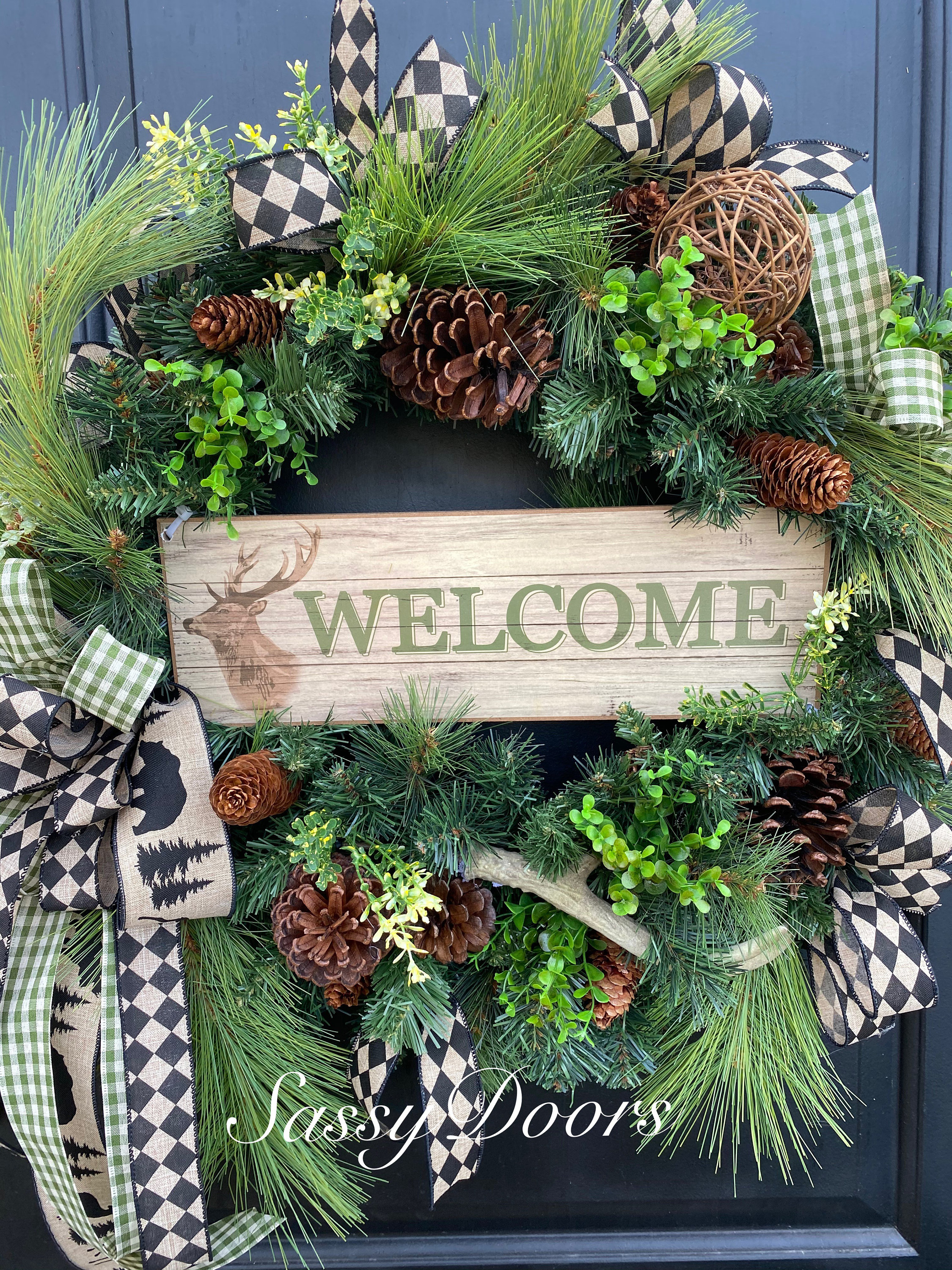 Cabin Welcome Wreath, Mountain Home Wreath, Woodland Wreath, Deer ...
