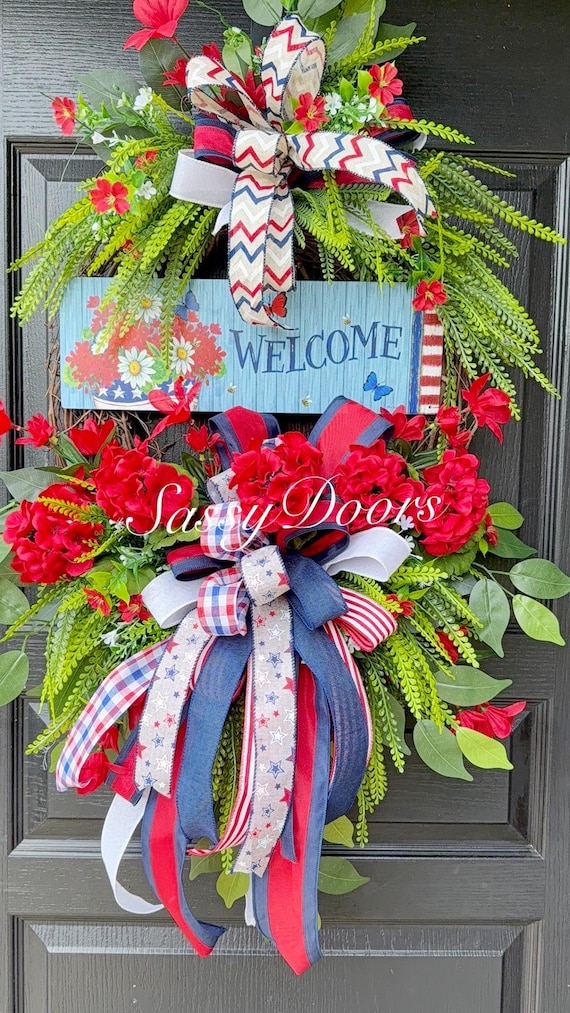 Patriotic Welcome Wreath, Red Geraniums, Summer Door Decor, Military Honor