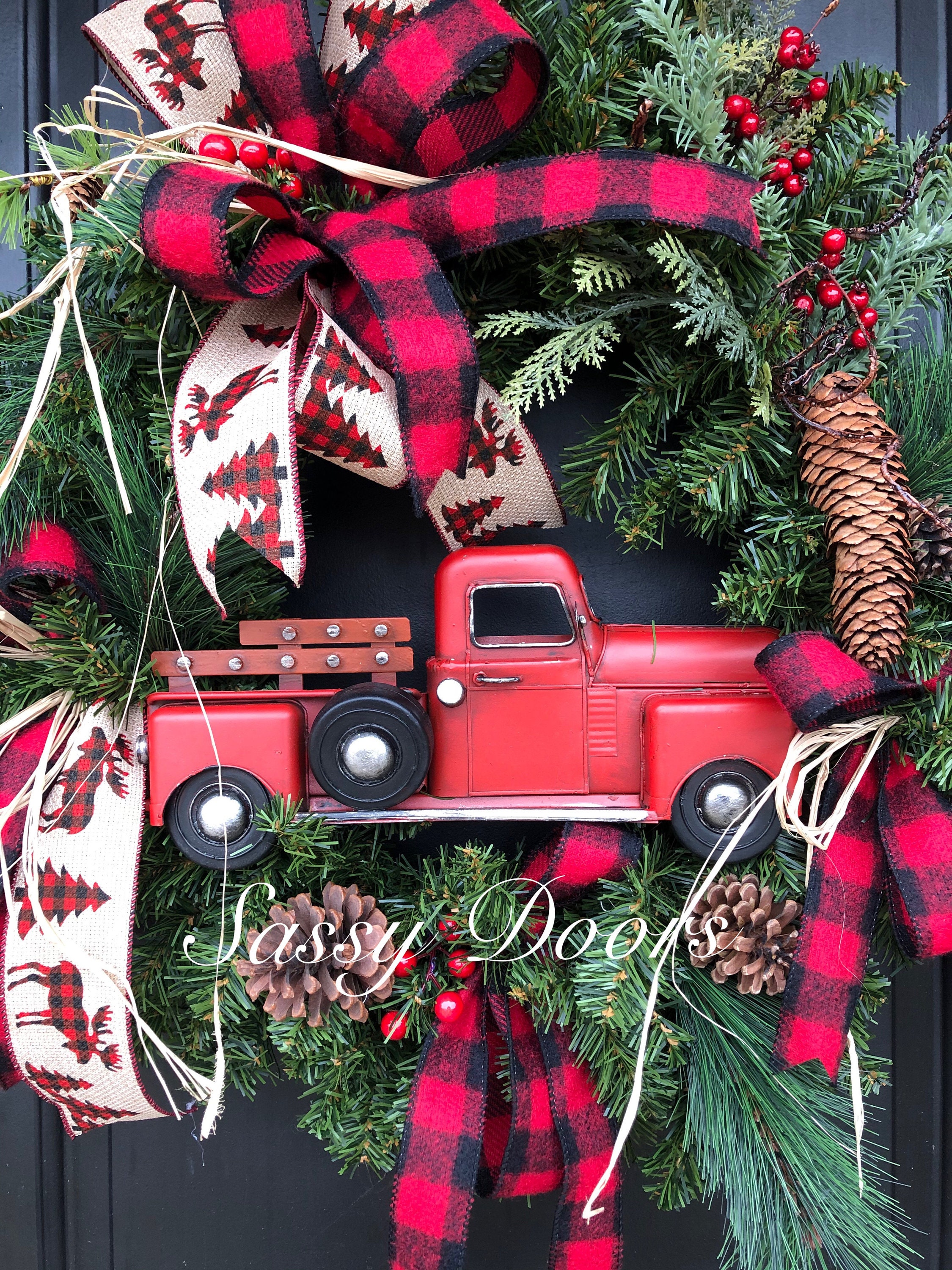 Red Truck Wreath, Rustic Christmas Wreath, Buffalo Plaid, Wreath