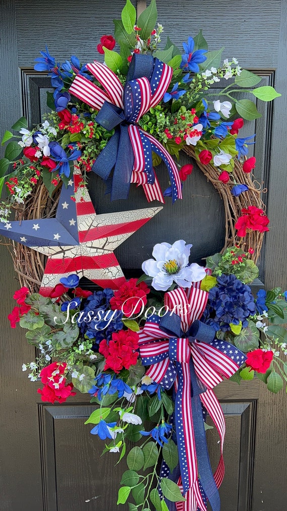Americana Wreath, Patriotic Wreath, July4th Wreath, Memorial Day  Wreath, Grapevine Wreath, SassyDoors Wreath