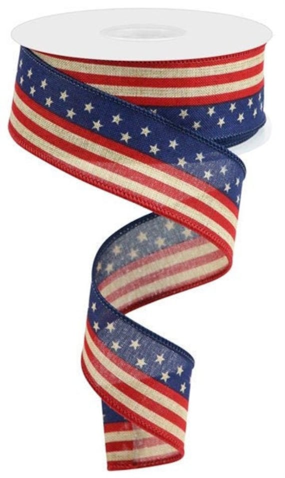 Tea Stained Patriotic Ribbon, 1 1/2"  Wired,  Tea Stained Star and Stripes Ribbon, Red White and Blue Ribbon,