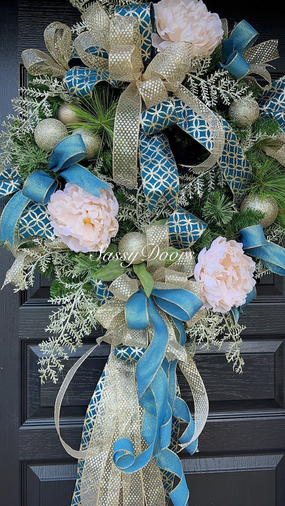 Christmas Wreath, Teal and Gold Wreath, Peony Teal Christmas Wreath, Elegant Christmas Wreath