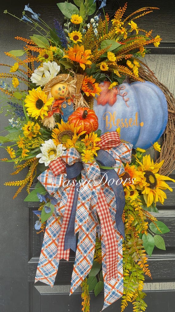 Fall Sunflower Wreaths, Fall Wreath With Sunflowers, Blue Fall Front Door Wreath, Sassy Doors Wreath