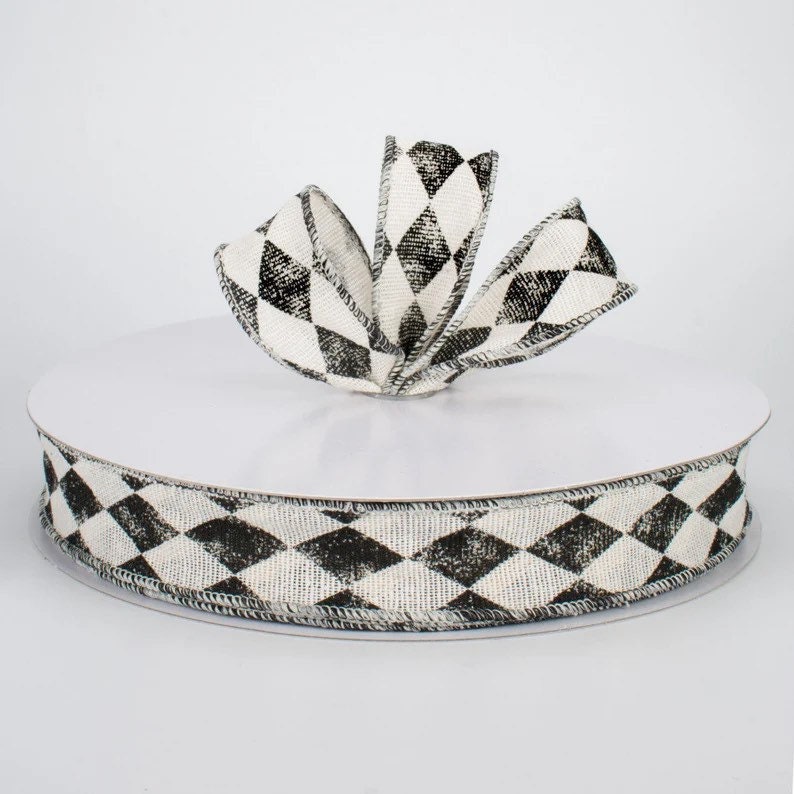 10 Yards, Black & Cream Ribbon, Wired Ribbon, Harlequin Ribbon, Wreath ...