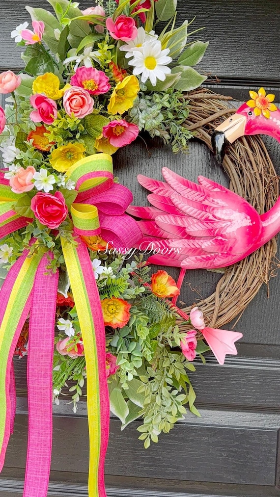 Flamingo Wreaths, Summer Beach Wreath, Summer Wreath, Flamingo Wreath, Wreath With Flamingo, Summer Front Door Wreath, SassyDoors Wreaths