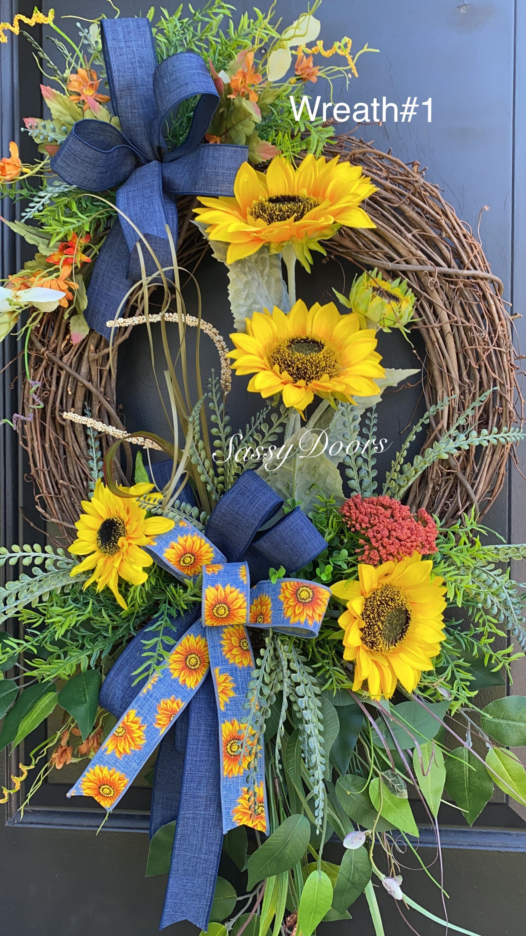 Sunflower Wreath, Denim Wreath, Sunflower Front Door Wreath, Sassy
