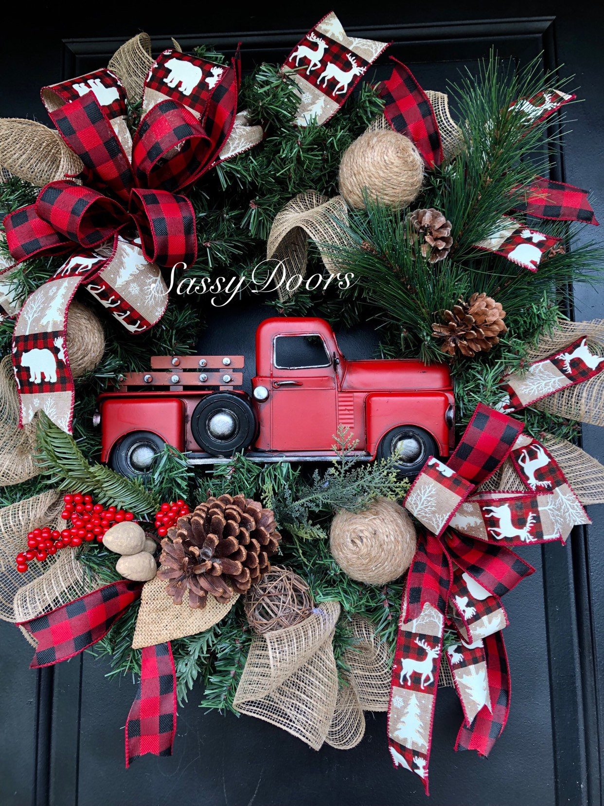 Red Truck Wreath, Rustic Christmas Wreath, Buffalo Plaid, Wreath