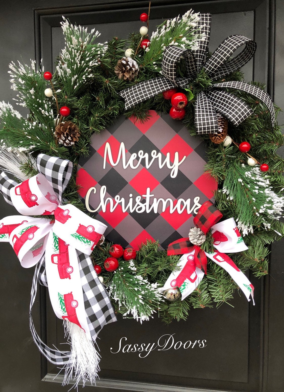 Red Truck Wreath, Free Shipping , Christmas Wreath With Red Truck, Christmas Door Wreath, Red
