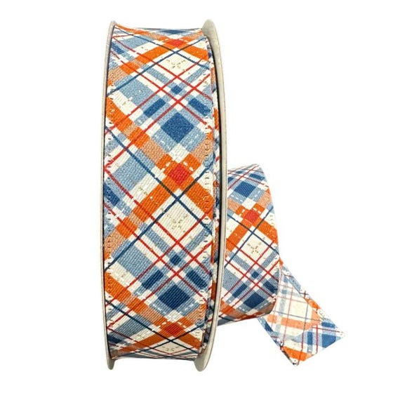 Fall Ribbon, Fall Plaid Print Ribbon, 10 Yard Ribbon Blue Fall Ribbon, Orange Fall Wired Ribbon, 1 1/2 Inch , 10 Yard Ribbon
