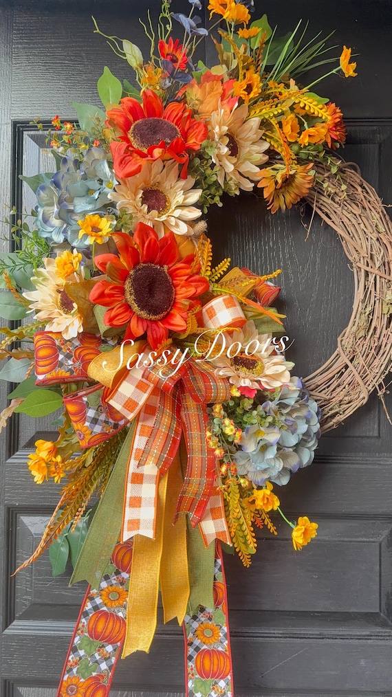 Fall Wreath, Front Door Wreath Blue Hydrangea Fall  Wreath, Fall Door Wreath, Sassy Doors Wreath