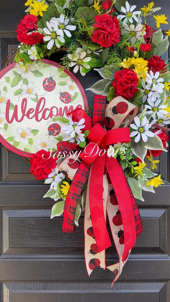 Lady Bug Wreath , Summer Decor, Summer Wreath, Sunflower Wreath Sassy Doors Wreath, Grapevine Wreath, Front Door Wreath Wreath With Ladybugs