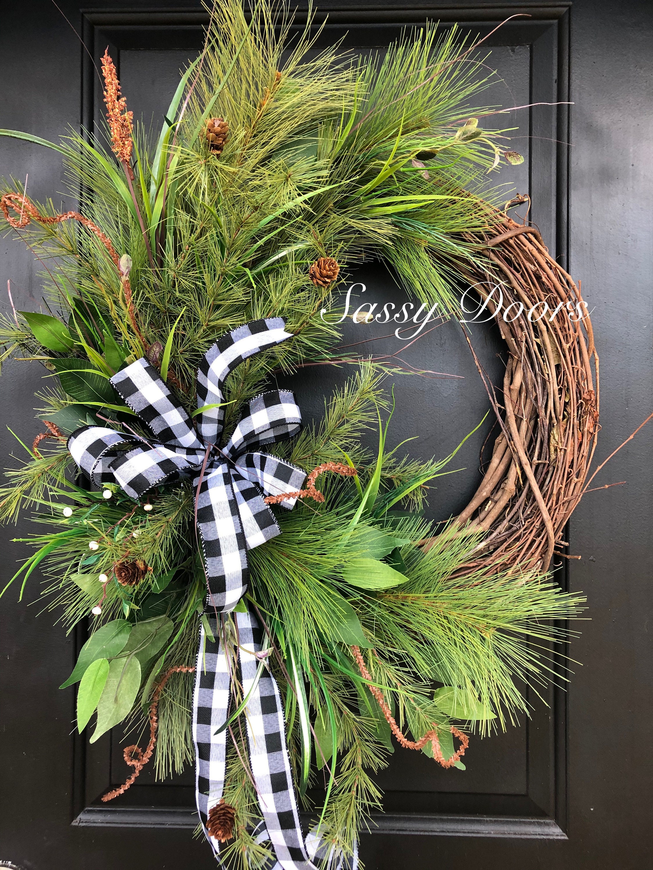 Winter Wreath, Winter Monogram Wreath, Grapevine Wreath, Pine Wreath
