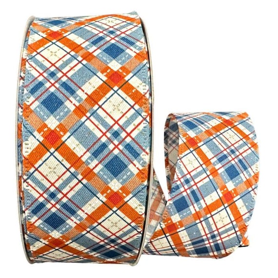 Fall Ribbon, Fall Plaid Print Ribbon, 10 Yard Ribbon Blue Fall Ribbon, Orange Fall Wired Ribbon, 2 1/2 Inch , 10 Yard Ribbon