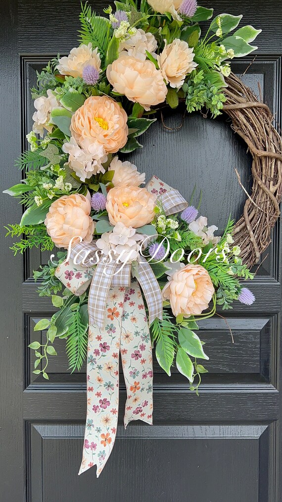 Spring And Summer Wreath, Peony Spring Wreath, Peach Door Wreath, Hydrangeas Doors Wreath, Wreath For Front Door