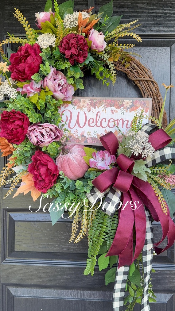 Fall Door Wreath, Fall  Door Wreath, Welcome Fall Wreath, SassyDoors Wreath, Pink Fall Wreath