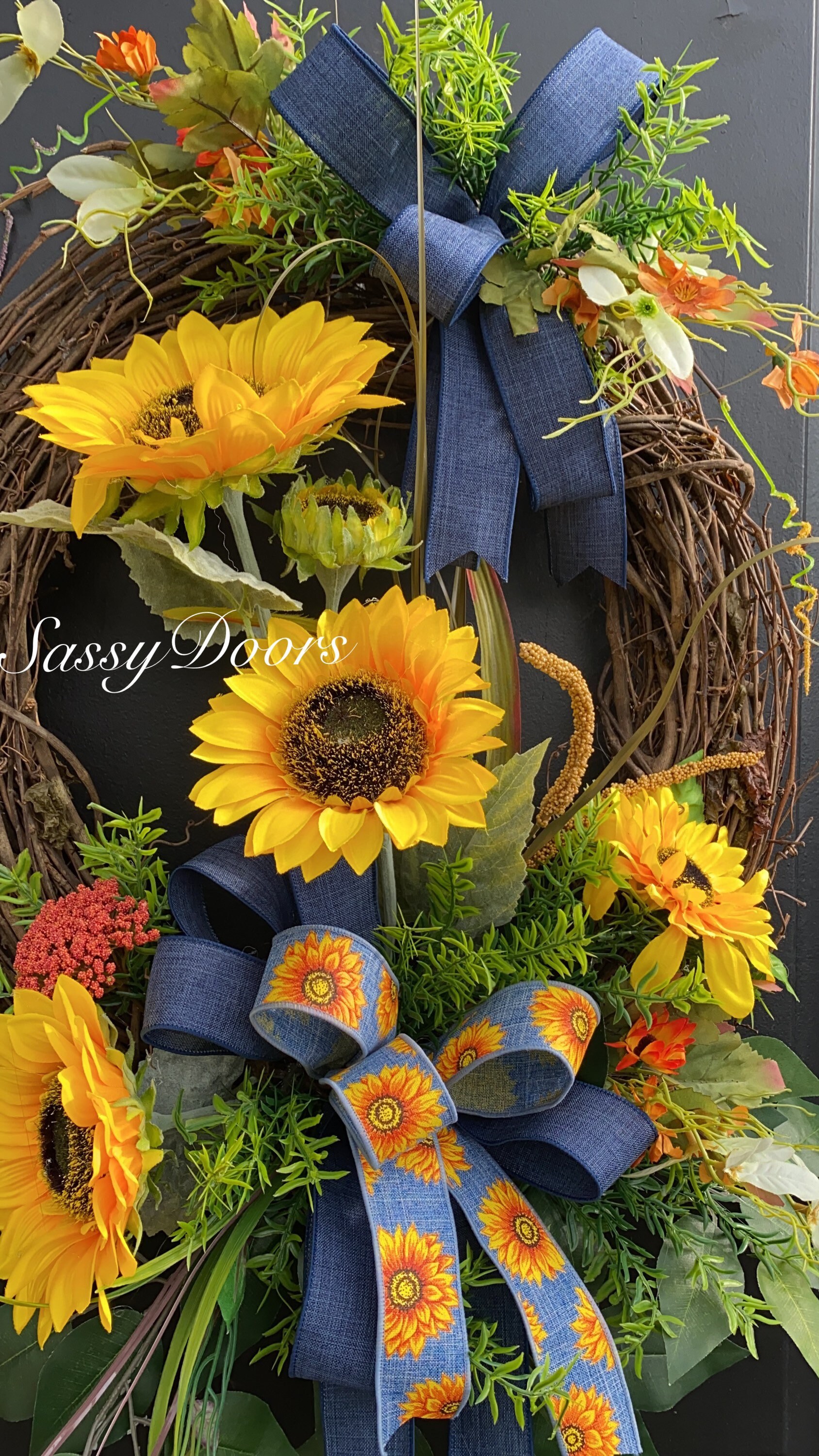 Double Door Sunflower Wreath, Denim Wreath, Sunflower Front Door Wreath