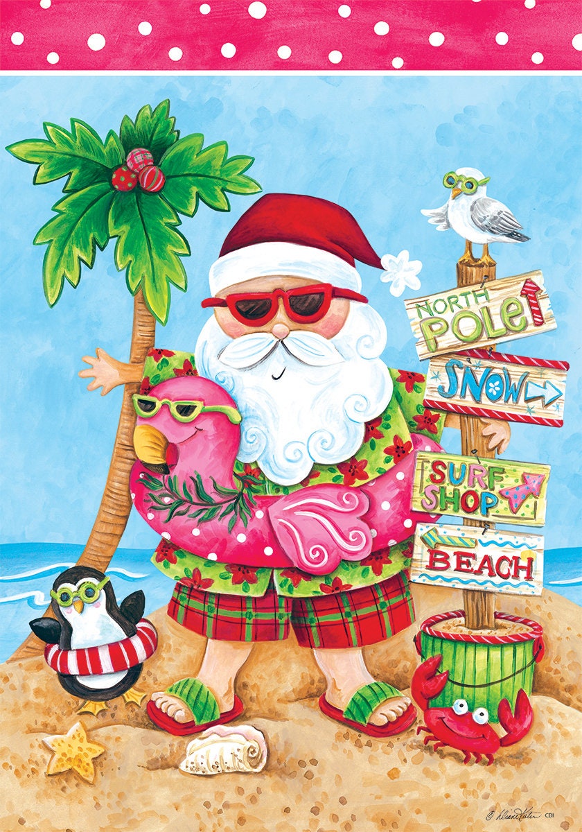 Last One!, Coastal Christmas House Flag, Beach Christmas Flag, Santa