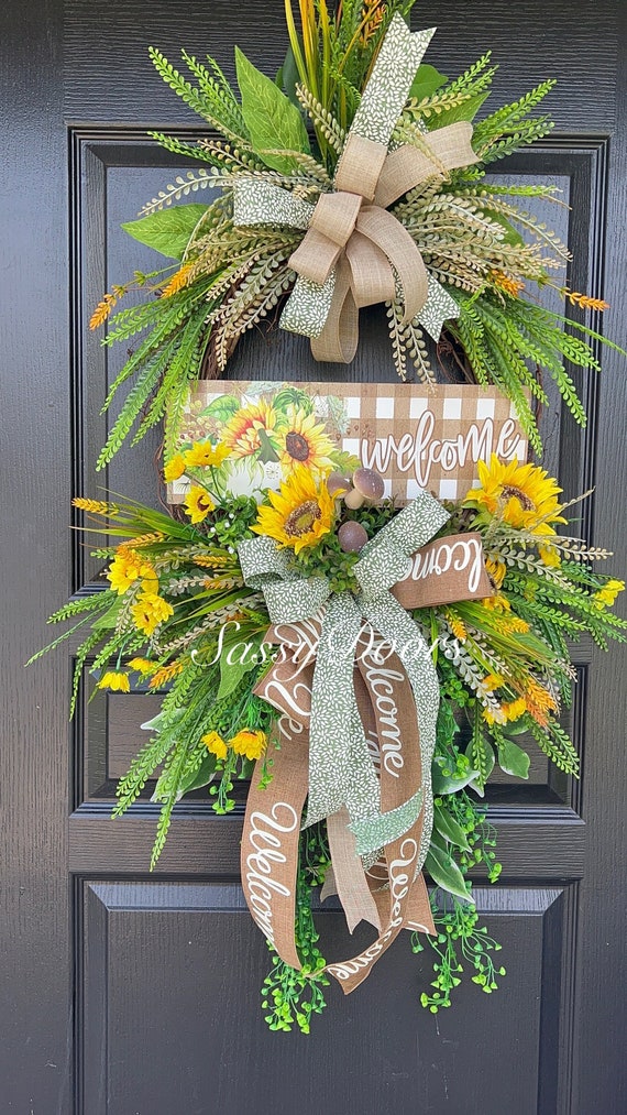 Sunflower Wreath, Sunflower Front Door Wreath- Wreath With Mushrooms-Sassy Doors Wreath,