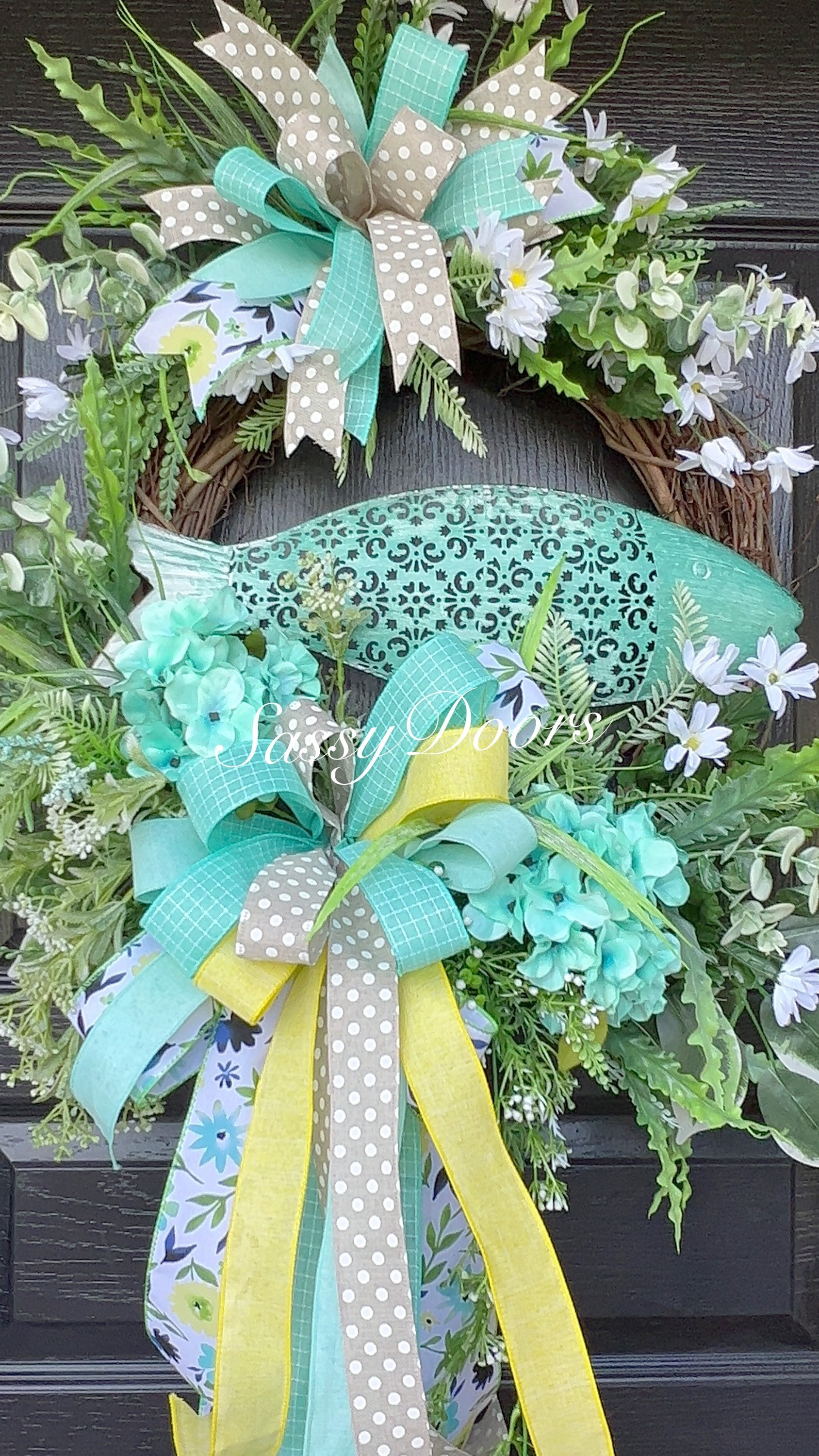 Hydrangea Wreath, Spring Wreath, Summer Wreath,Fish Wreath, Lake House Wreath, Coastal Wreath