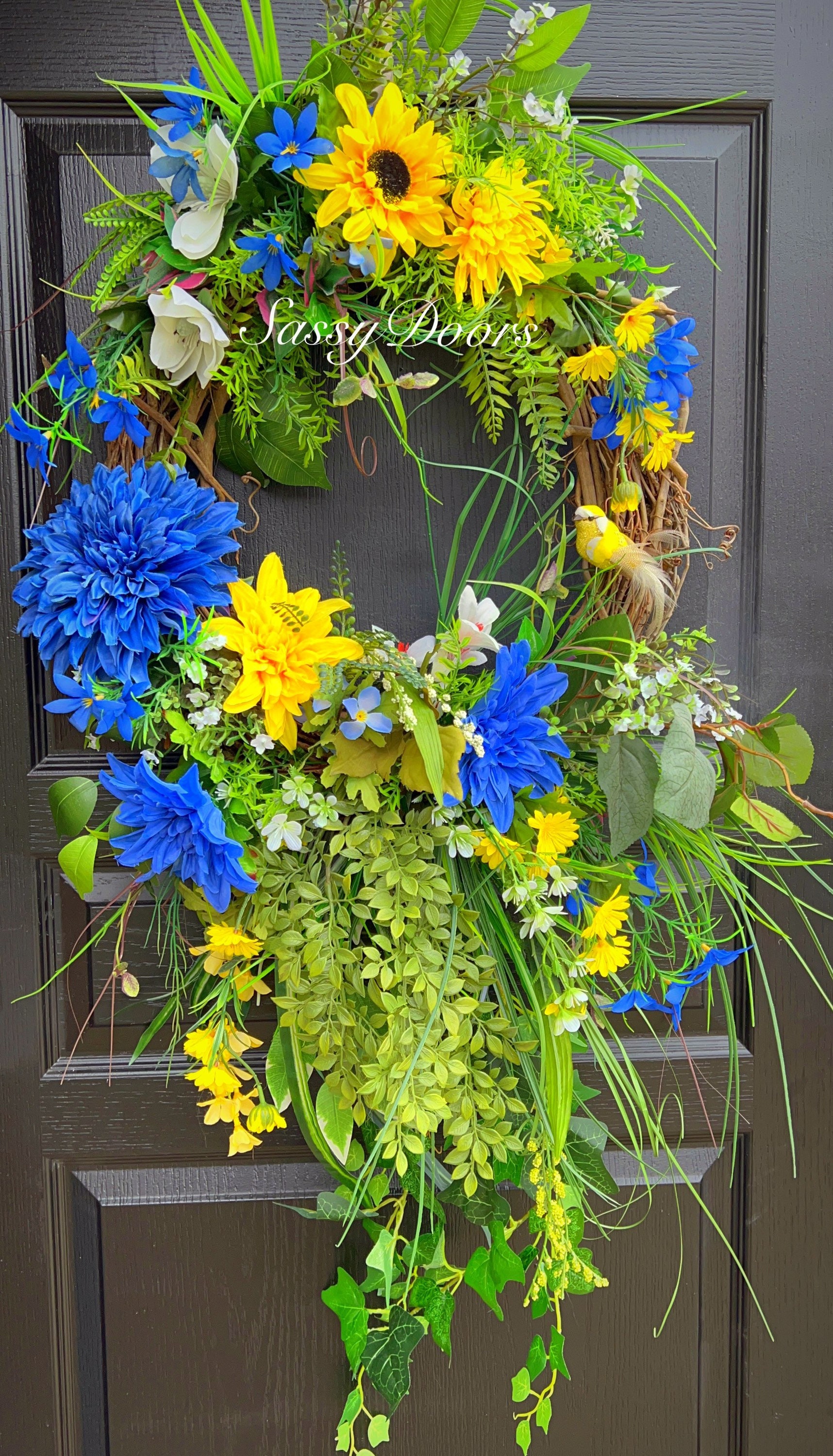 Spring and Summer Wreath, Summer Door Wreath, Blue Wreath, Sassy Doors Wreath, Sunflower Wreath