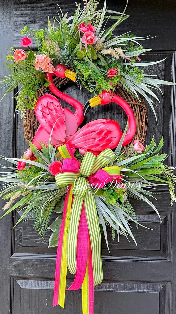 Flamingo Wreaths, Summer Beach Wreath, Summer Wreath, Flamingo Wreath, Wreath With Flamingo, Summer Front Door Wreath, SassyDoors Wreaths