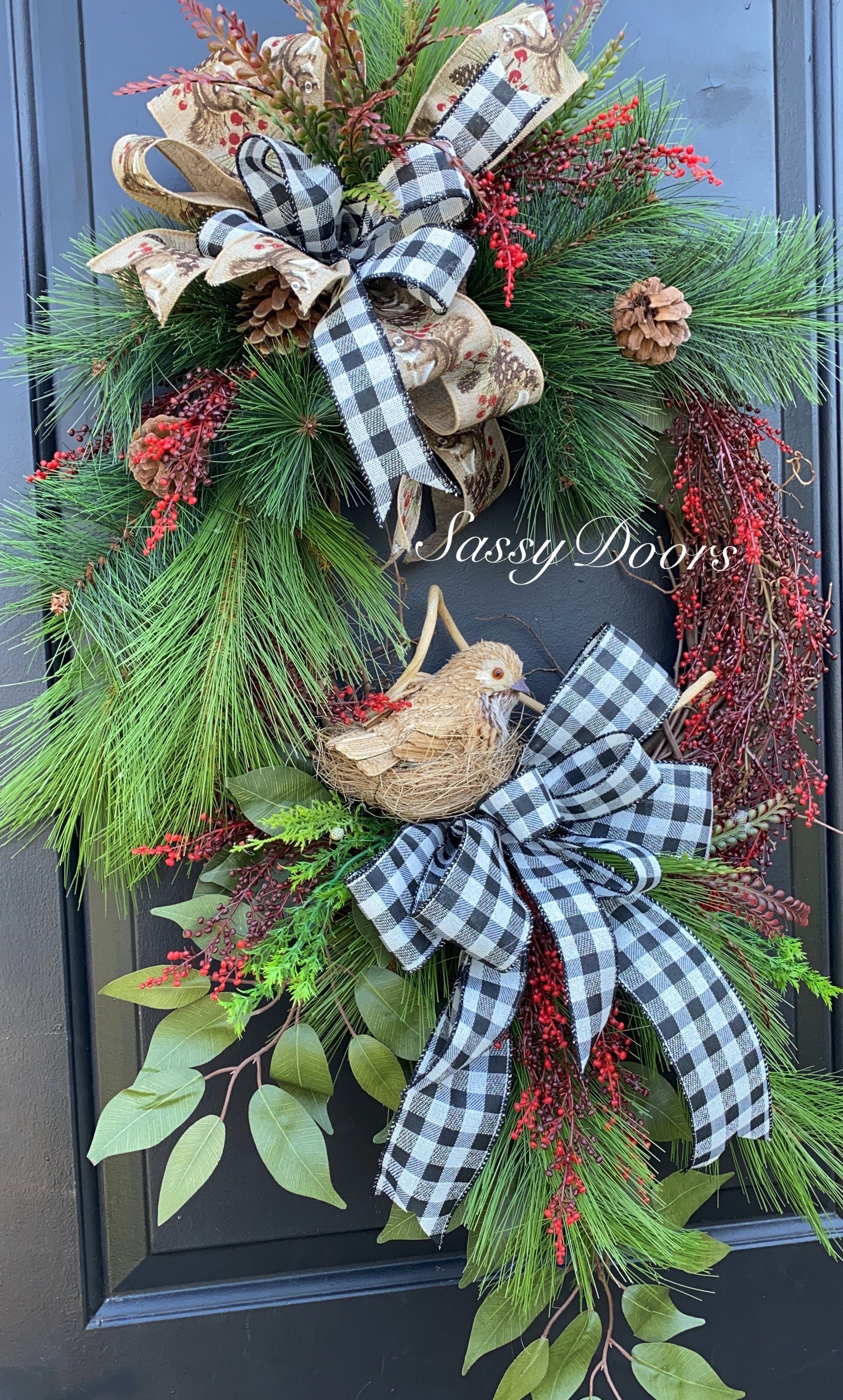 Woodland Winter Wreath, Owl Front Door Winter Wreath, Christmas Wreath, Farmhouse Wreath