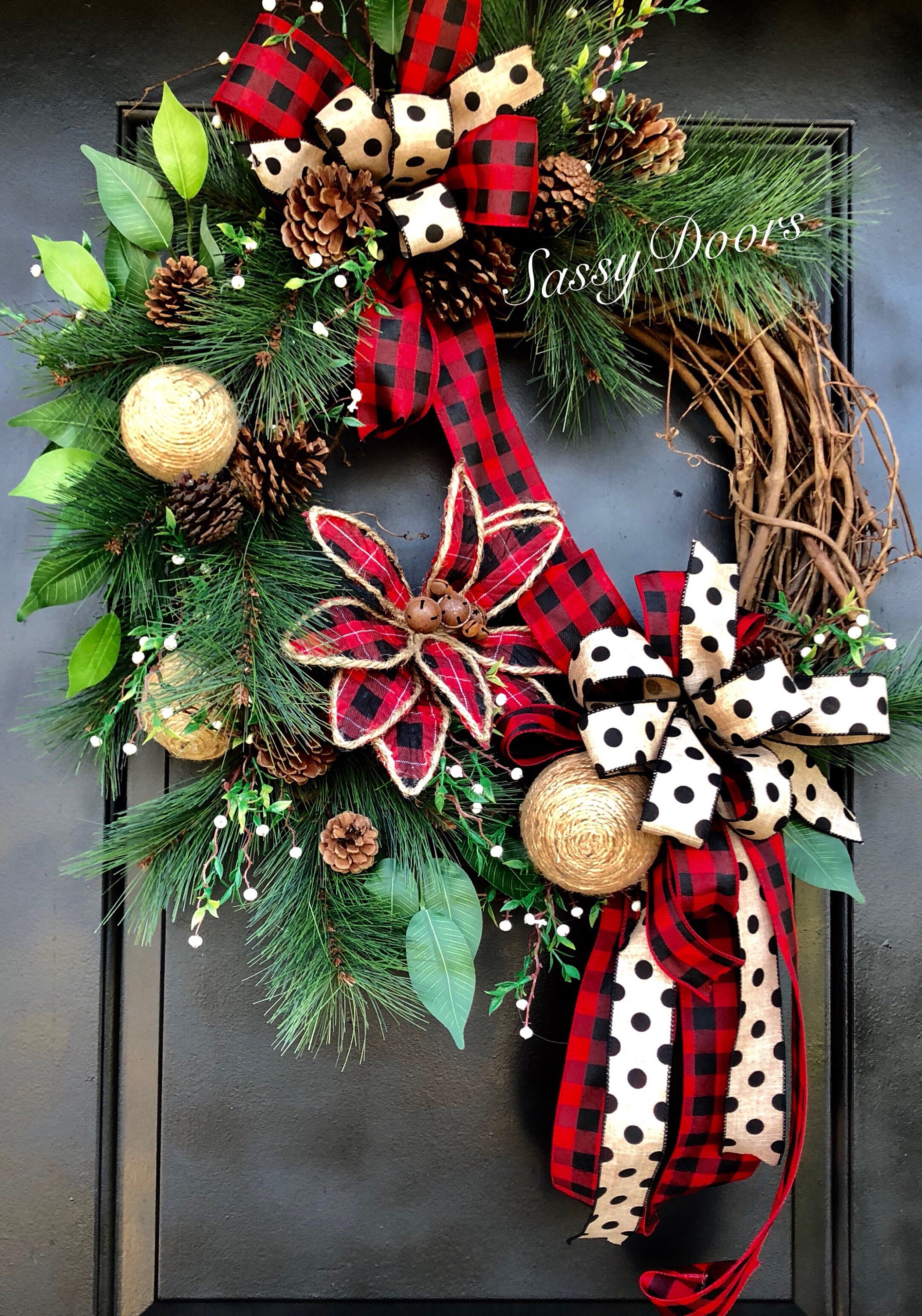 Christmas Wreath, Buffalo Plaid Wreath, Grapevine Christmas Wreath ...