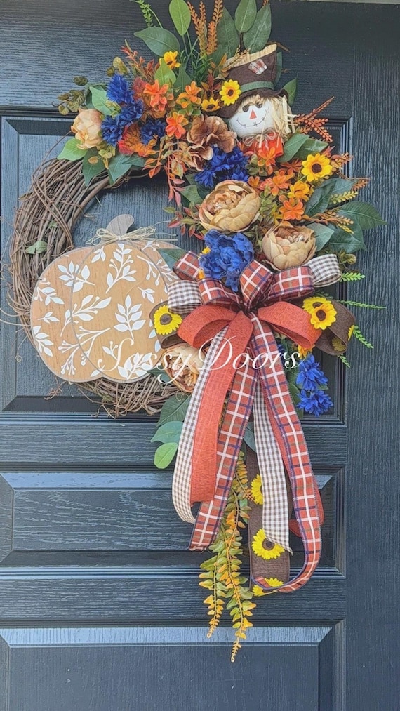Fall Wreath-Pumpkin Wreath- Sunflower Fall Wreath- Sassy Doors Wreath- Autumn Wreath Blue Fall Wreath