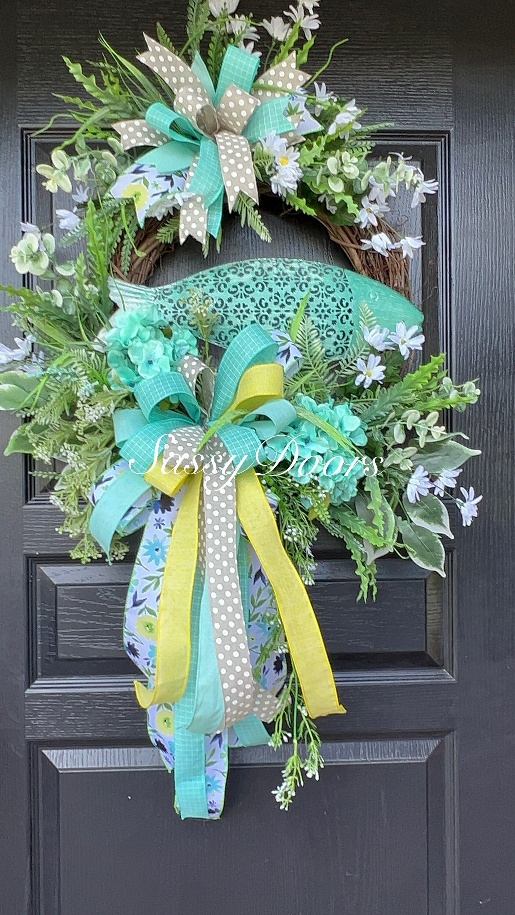 Hydrangea Wreath, Spring Wreath, Summer Wreath,Fish Wreath, Lake House Wreath, Coastal Wreath