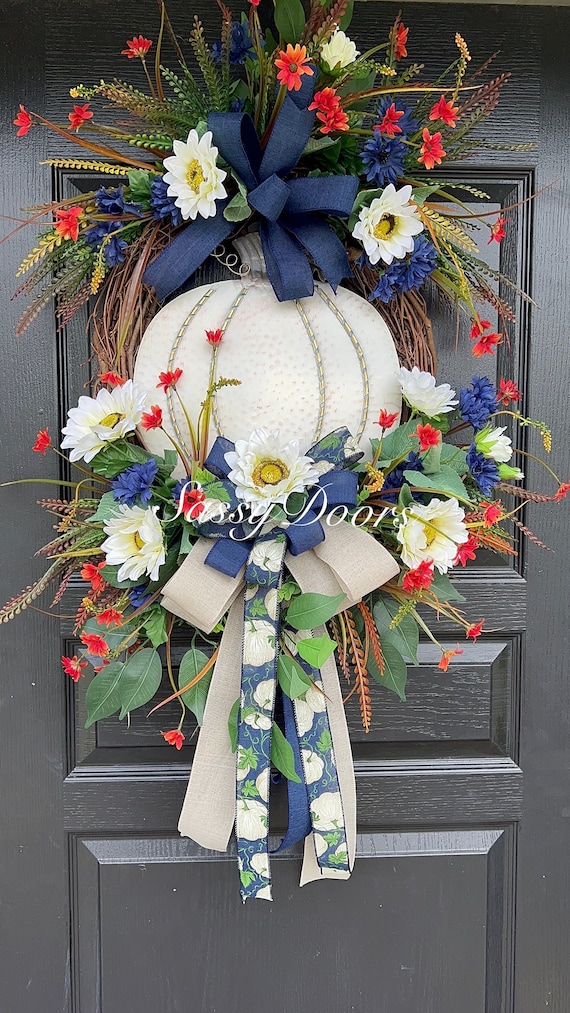 Fall Pumpkin Wreath, Navy Blue Wreath, Cream Pumpkin Wreath, Fall Door Wreath, SassyDoors Wreath