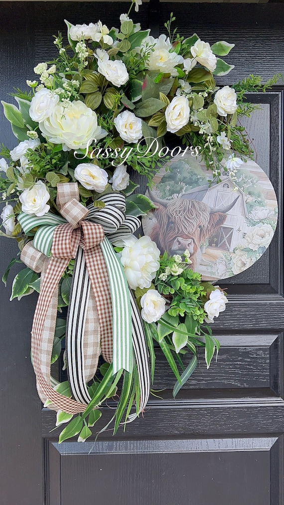 Farmhouse Wreath, Peony Wreath, Country Farmhouse Wreath For Front Door, Highland Cow  Wreath, Spring Farmhouse Wreath, Sassy Door Wreath,